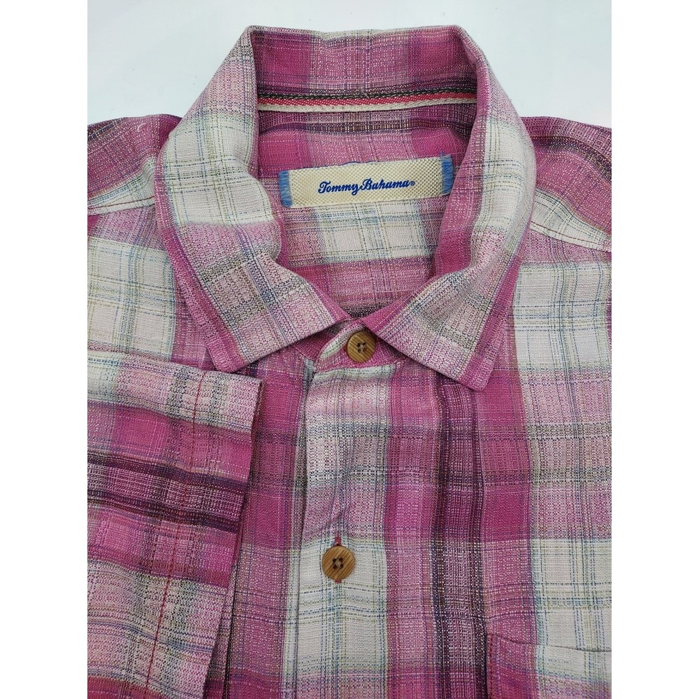 Tommy Bahama Silk Button Up Shirt Plaid Short‎ Sleeve Casual Pink L 100% Silk